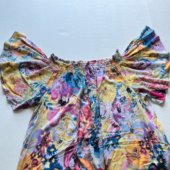 H&M Off-the-shoulder Smocked Short Wide Sleeve Floral Print Pockets Flowy Dress - Picture 6 of 14